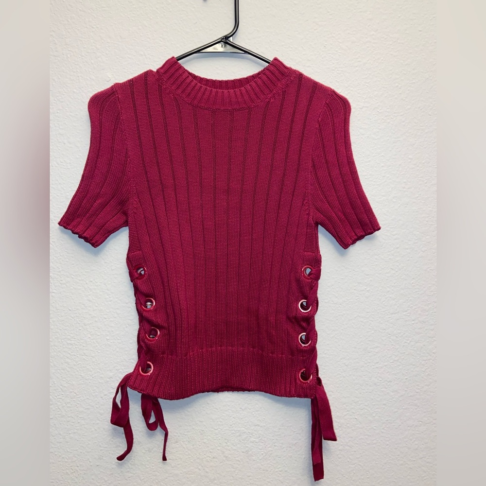 Express Short-Sleeve Knit Side Lace-Up Tie Sweater